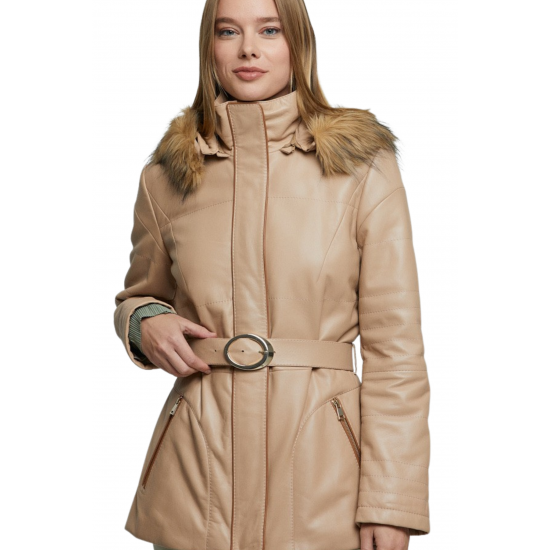 Adalyn Beige Belted Leather Fur Coat