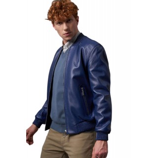 Mens Blue Leather Bomber Jacket