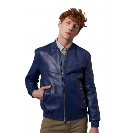 Alexander Blue Bomber Leather Jacket