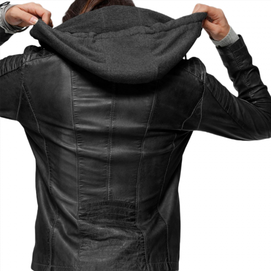 Ariana Black Leather Jacket With Hood