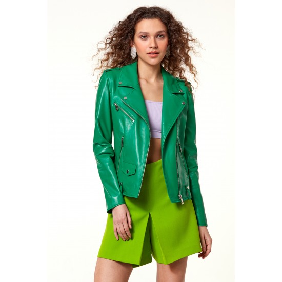 Belly Queen Green Leather Biker Jacket
