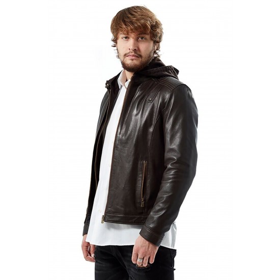 Bryson Brown Hooded Leather Jacket
