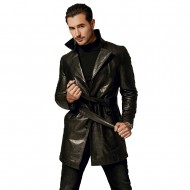 Damien Black Leather Belted Trench Coat