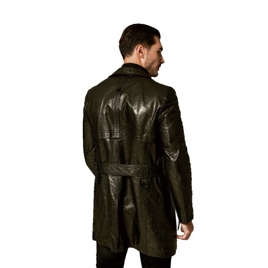 Damien Black Leather Belted Trench Coat