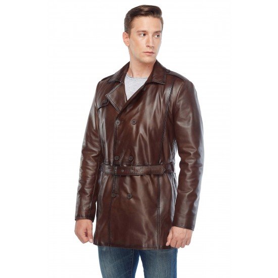 Desmond Brown Leather Belted Trench Coat