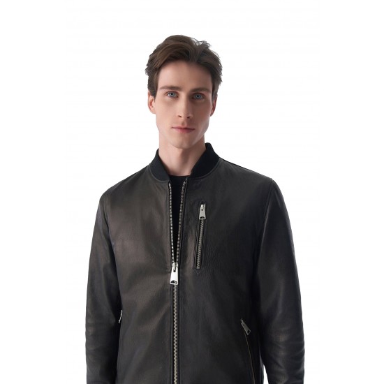 Ezra Black Varsity Bomber Leather Jacket
