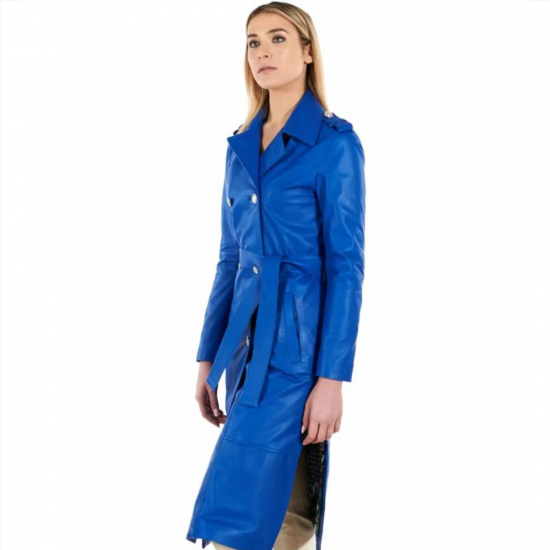 Gracelynn Blue Leather Trench Coat