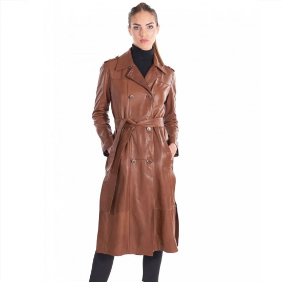 Gracelynn Brown Leather Trench Coat