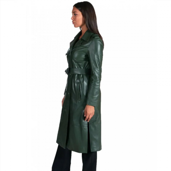 Gracelynn Green Leather Trench Coat
