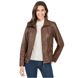Gracie Octavia Brown Shirt Style Collar Leather Jacket