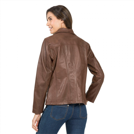 Gracie Octavia Brown Shirt Style Collar Leather Jacket