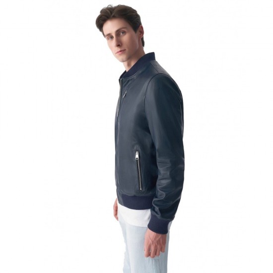 Grayson Navy Blue Varsity Bomber Leather Jacket