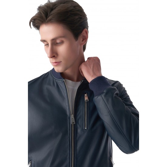 Grayson Navy Blue Varsity Bomber Leather Jacket