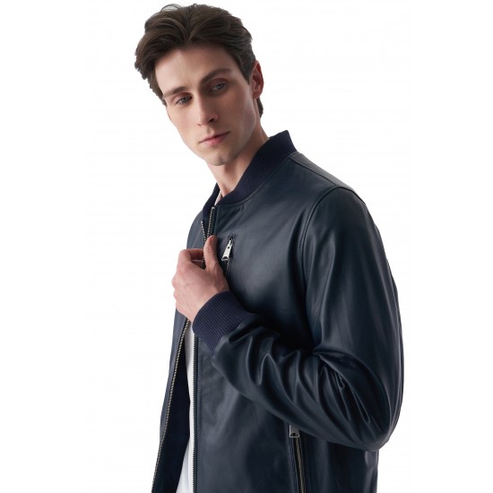 Grayson Navy Blue Varsity Bomber Leather Jacket