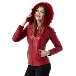 Isabelle Red Fur Collar Hooded Leather Jacket