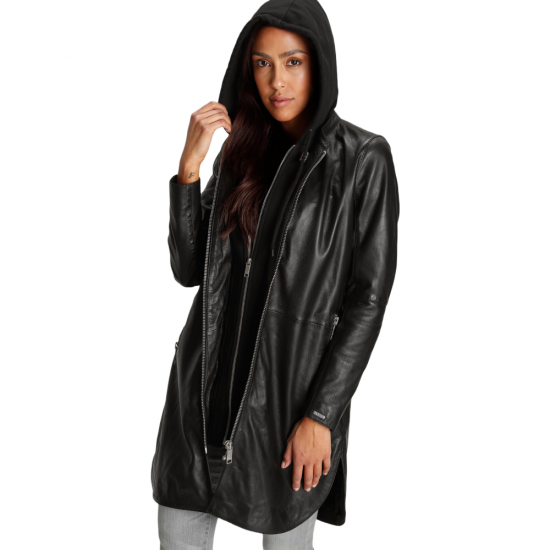 Kimberly Black Leather Coat With Detachable Hood