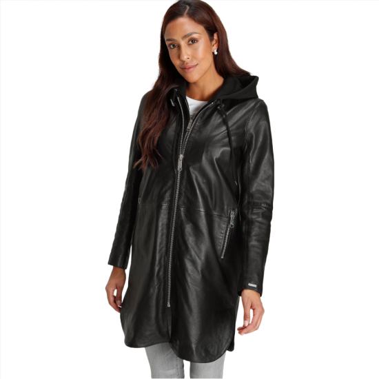 Kimberly Black Leather Coat With Detachable Hood