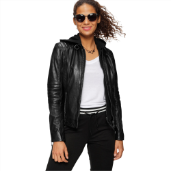Leilani Black Detachable Hooded Leather Jacket