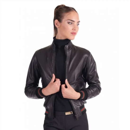 Makenna Lana Black Leather Bomber Jacket