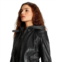 Melody Black Detachable Hooded Leather Jacket
