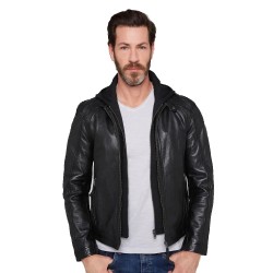 Robert Black Leather Hooded Jacket