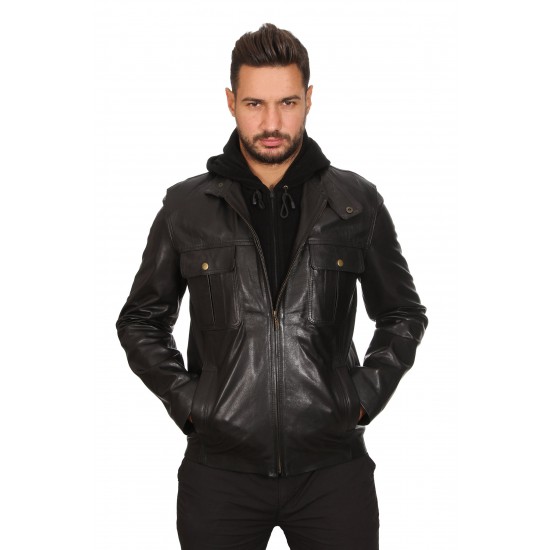 Timothy Hooded Leather Jacket For Men