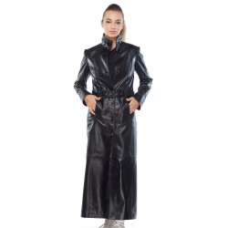 Women Belted Black Leather Trench Coat