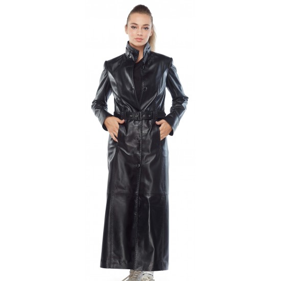 Women Belted Black Leather Trench Coat