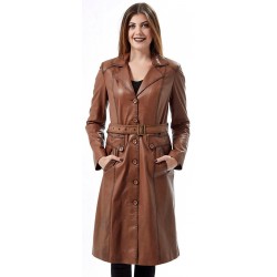 Women Brown Leather Belted Trench Coat