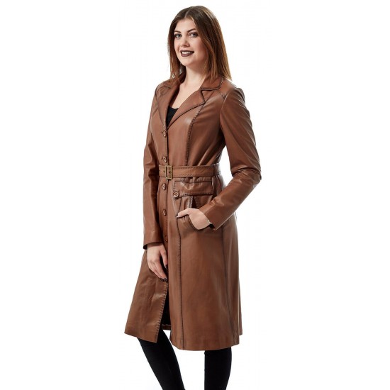 Women Brown Leather Belted Trench Coat
