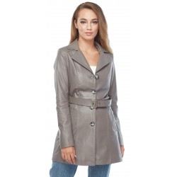 Women Grey Belted Leather Trench Coat