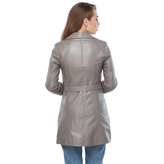 Women Grey Belted Leather Trench Coat