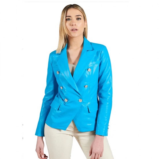 Adelyn Blue Double Breasted Leather Coat