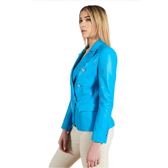 Adelyn Blue Double Breasted Leather Coat