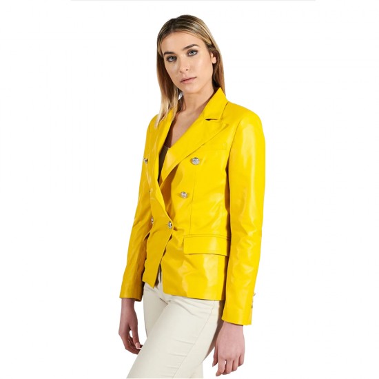 Adelyn Yellow Double Breasted Leather Coat