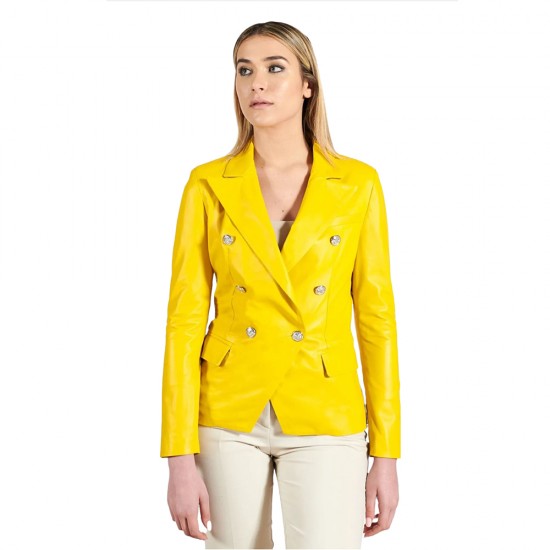 Adelyn Yellow Double Breasted Leather Coat