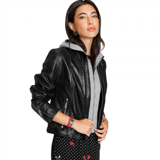 Francesca Black Leather Detachable Hooded Jacket