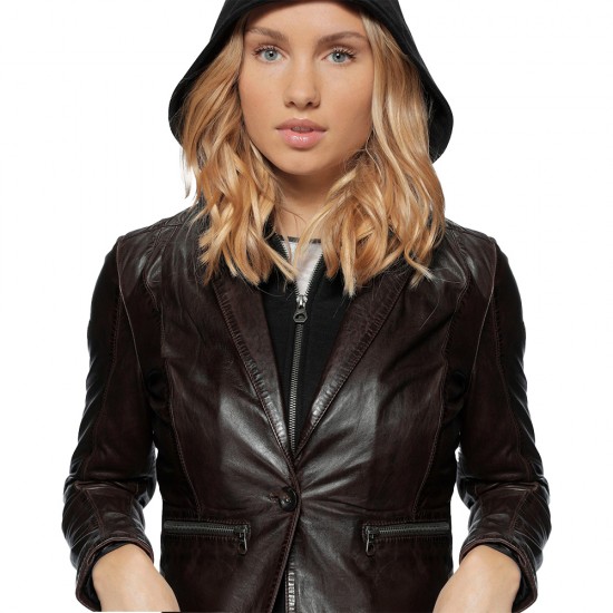 Genevieve Brown Leather Hooded Blazer
