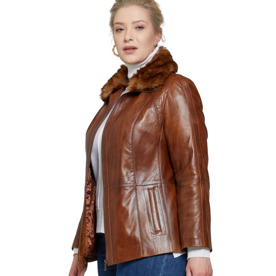 Grace Violet Brown Leather Blazer With Fur Collar
