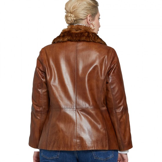 Grace Violet Brown Leather Blazer With Fur Collar