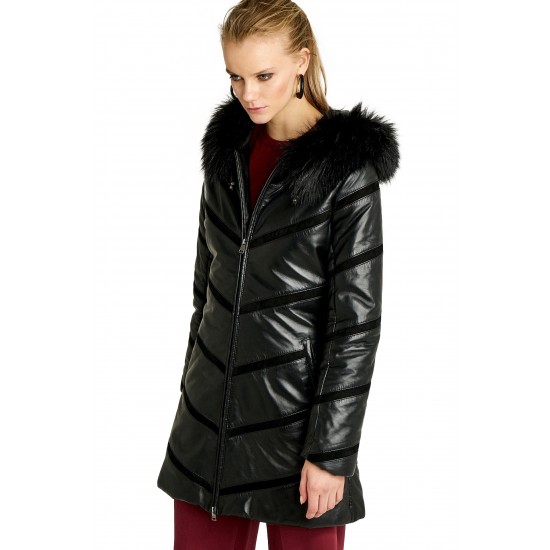 Jimena Black Fur Hooded Collar Leather Coat