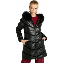Jimena Black Fur Hooded Collar Leather Coat