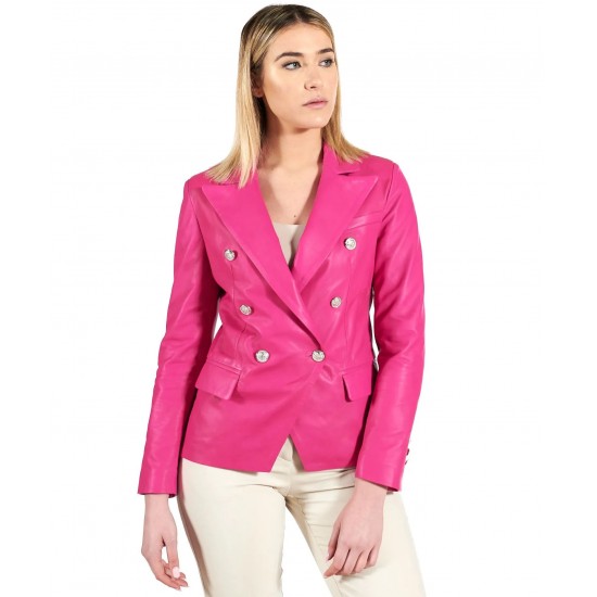 Kamila Double Breasted Pink Genuine Leather Coat