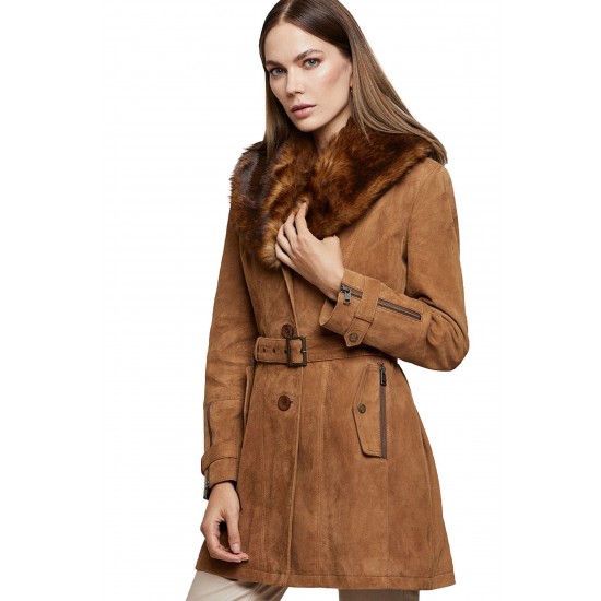 Nylah Poppy Belted Leather Trench Coat