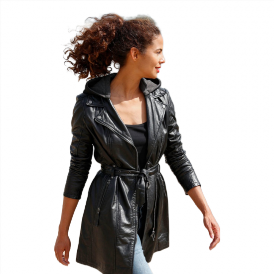 Raelynn Black Leather Trench Coat With Hood